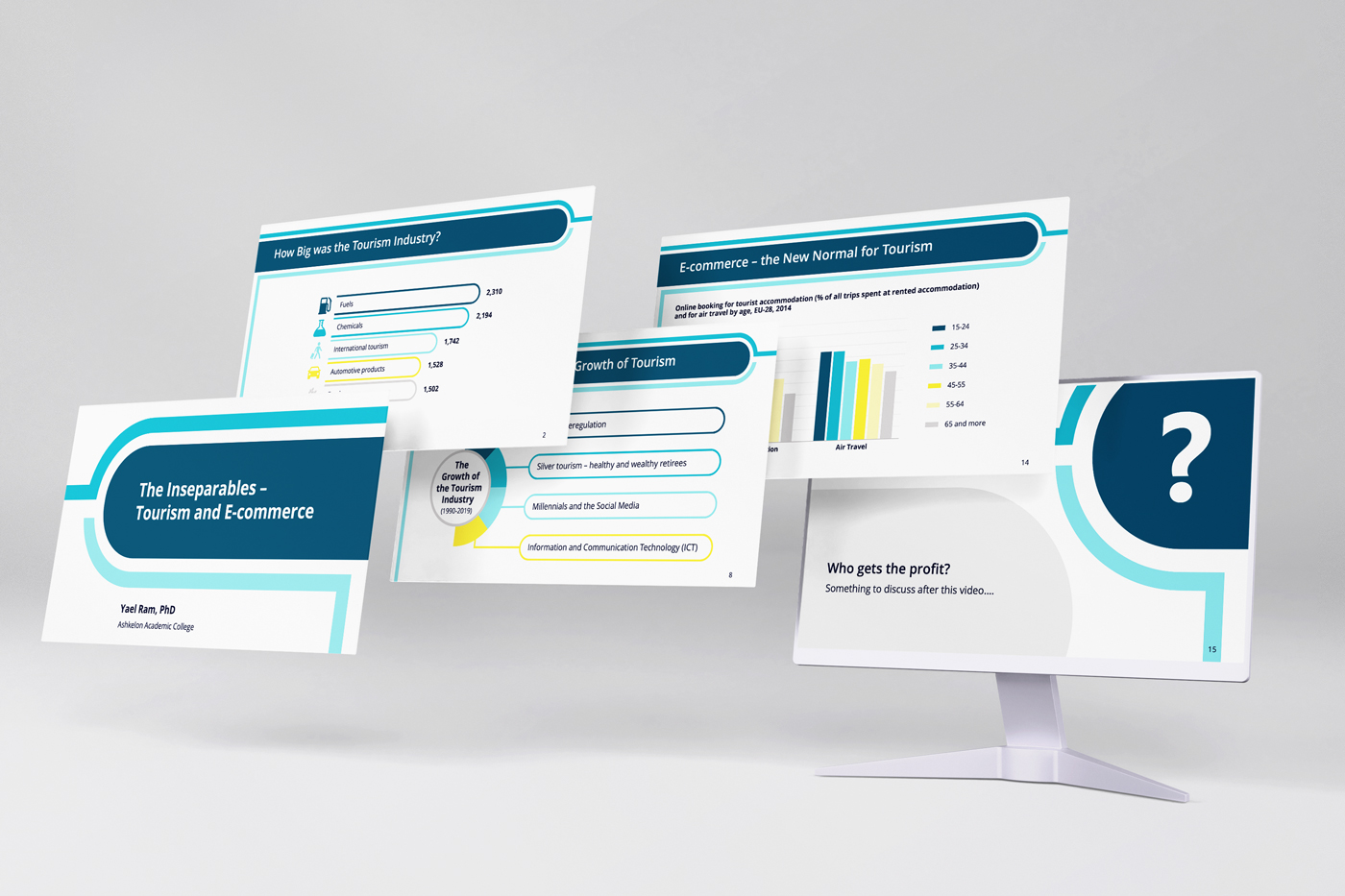 Academic presentation deck on tourism and ecommerce shown on a monitor mockup with charts and industry statistics