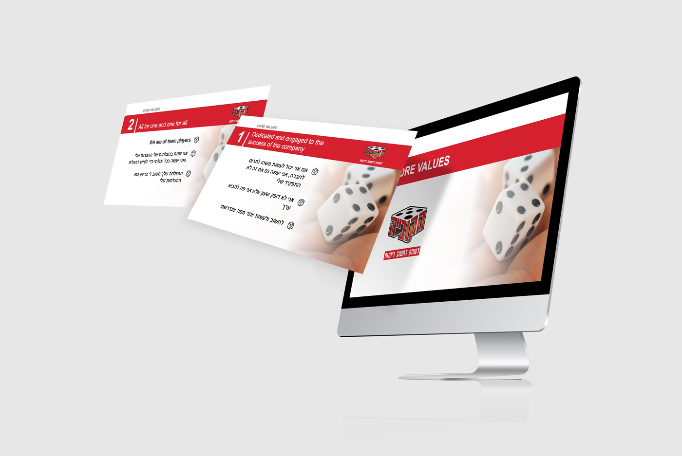 Company values presentation deck shown on a monitor mockup with dice imagery and red and white branding