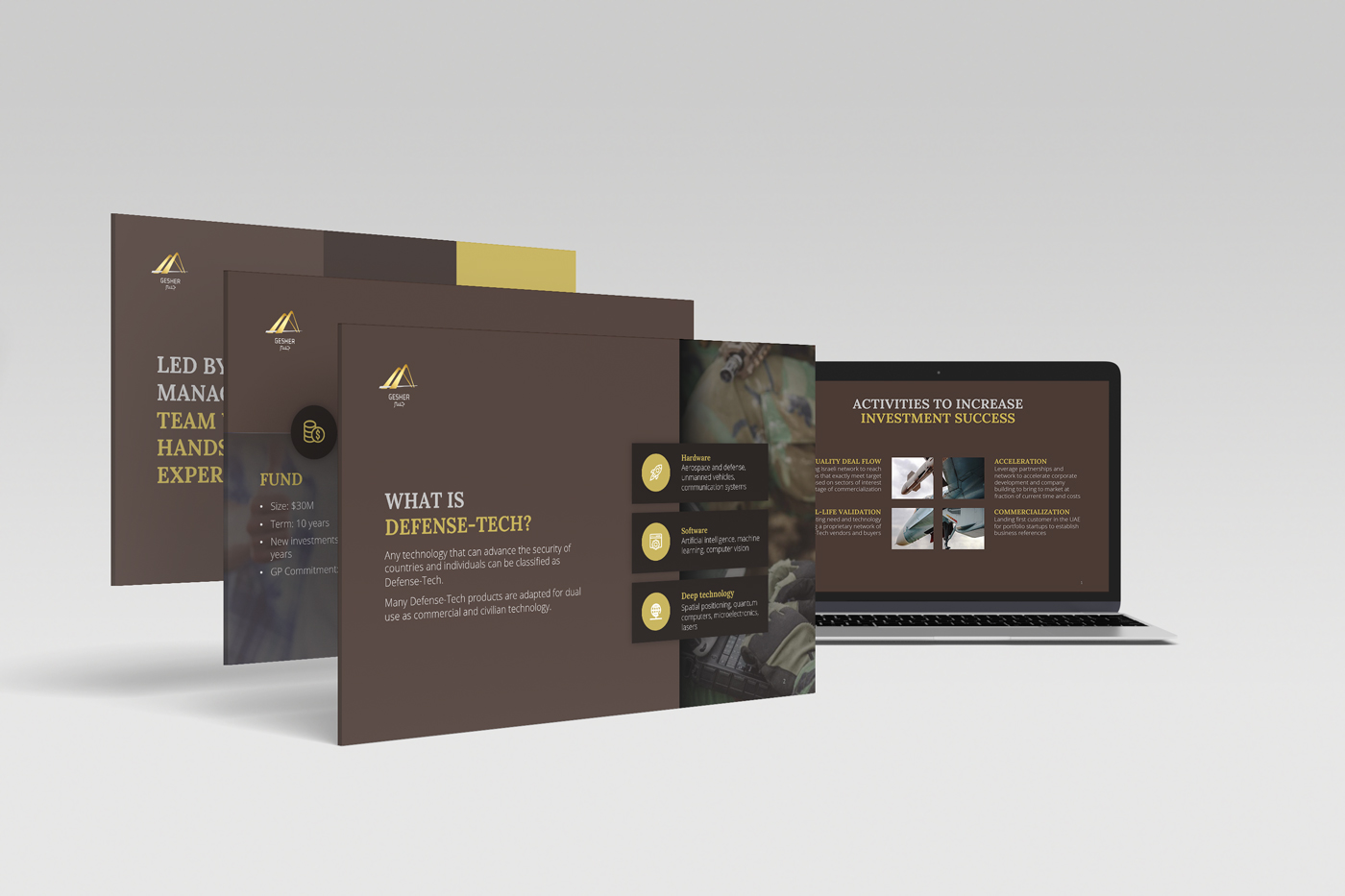Dark brown and gold investor deck design for a defense technology fund tailored for a UAE audience