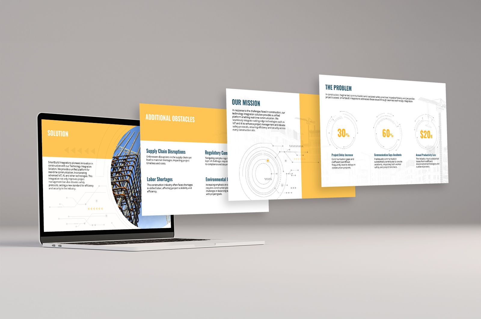 Investor deck design for a construction technology company showing a laptop mockup with solution slides and problem statistics