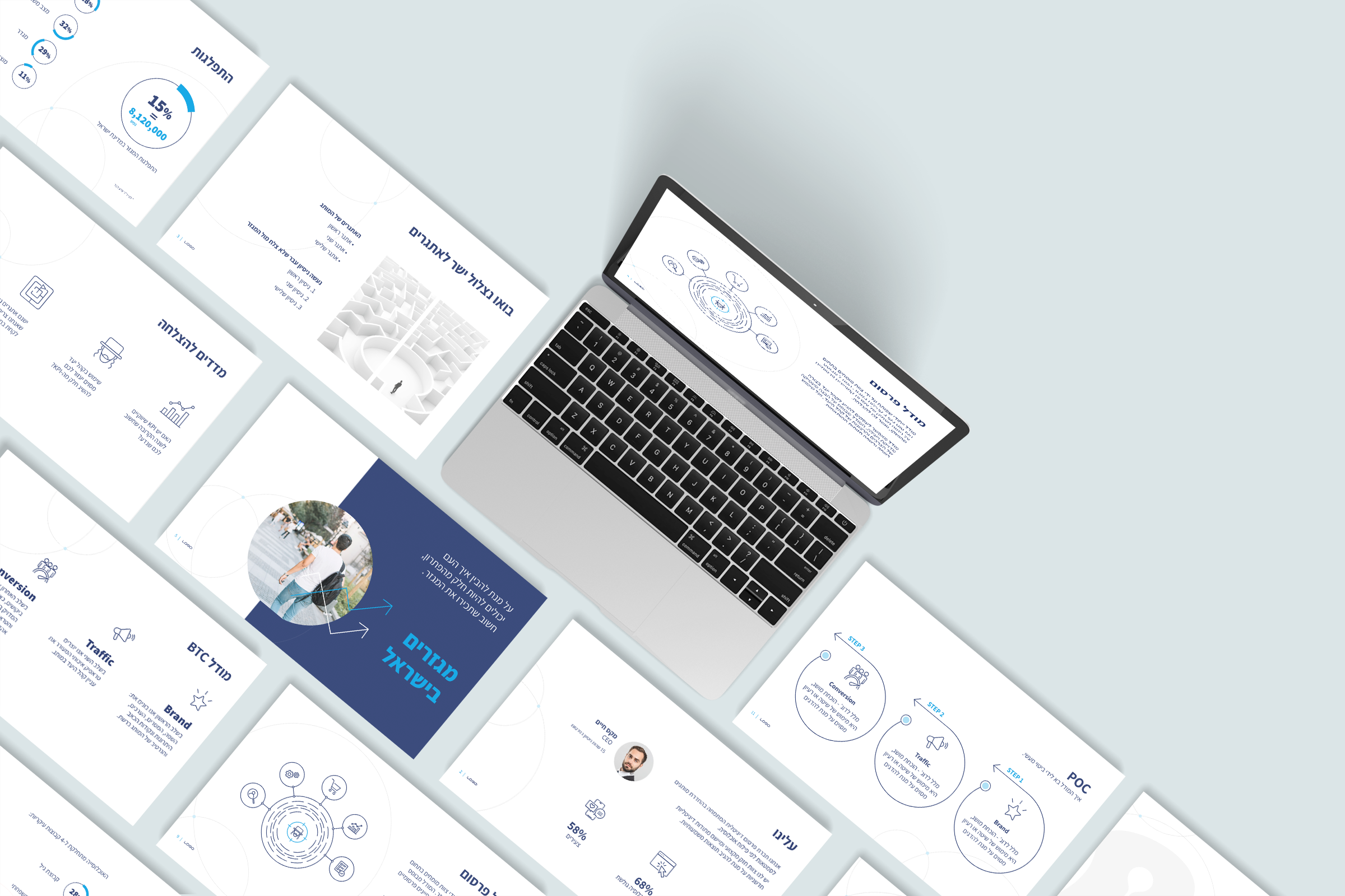 Clean professional product presentation deck design in Hebrew shown on a laptop mockup with icon based process slides