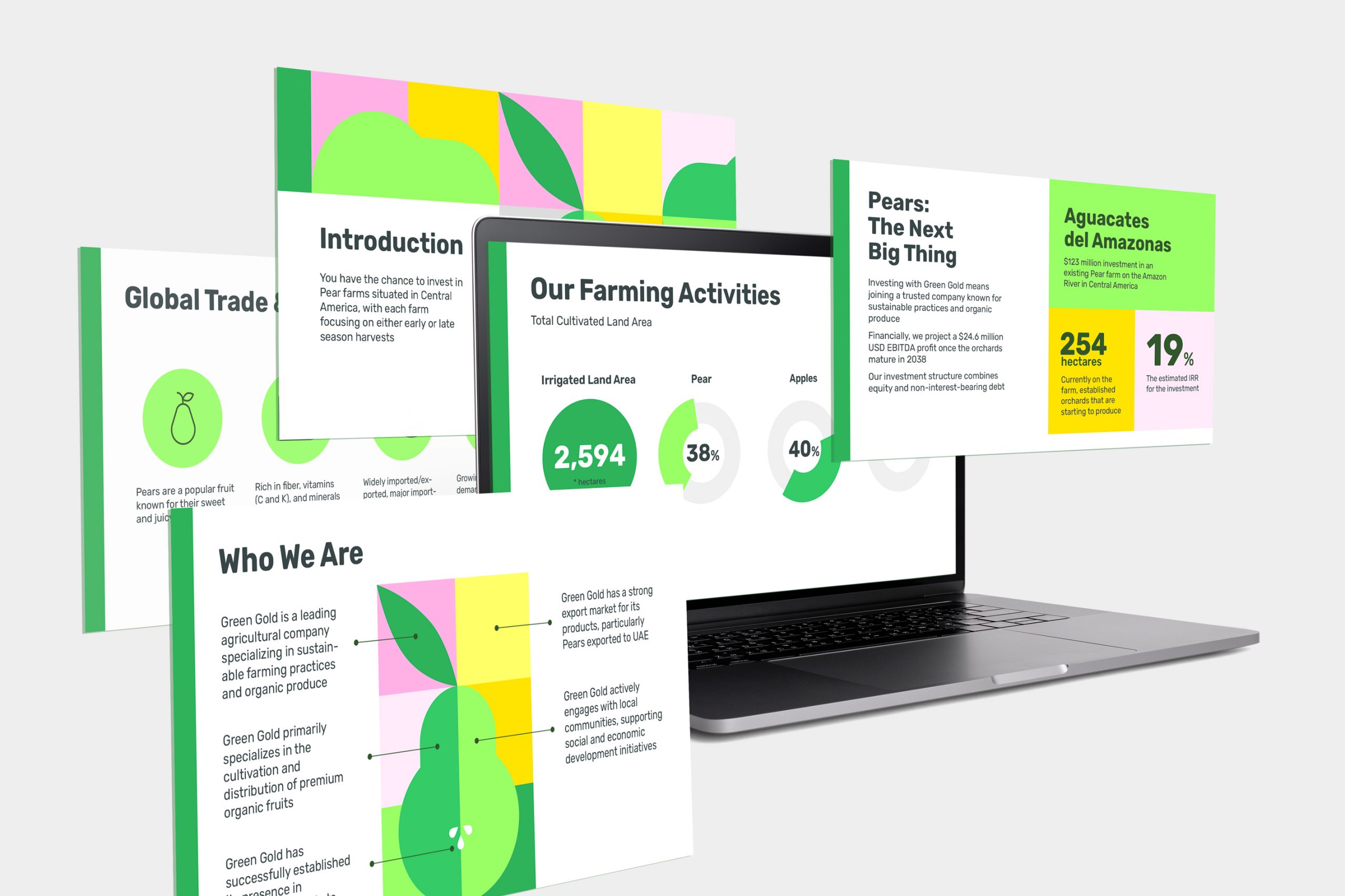 Bold green and yellow investor deck design for an agricultural company showing farm data and product highlight slides