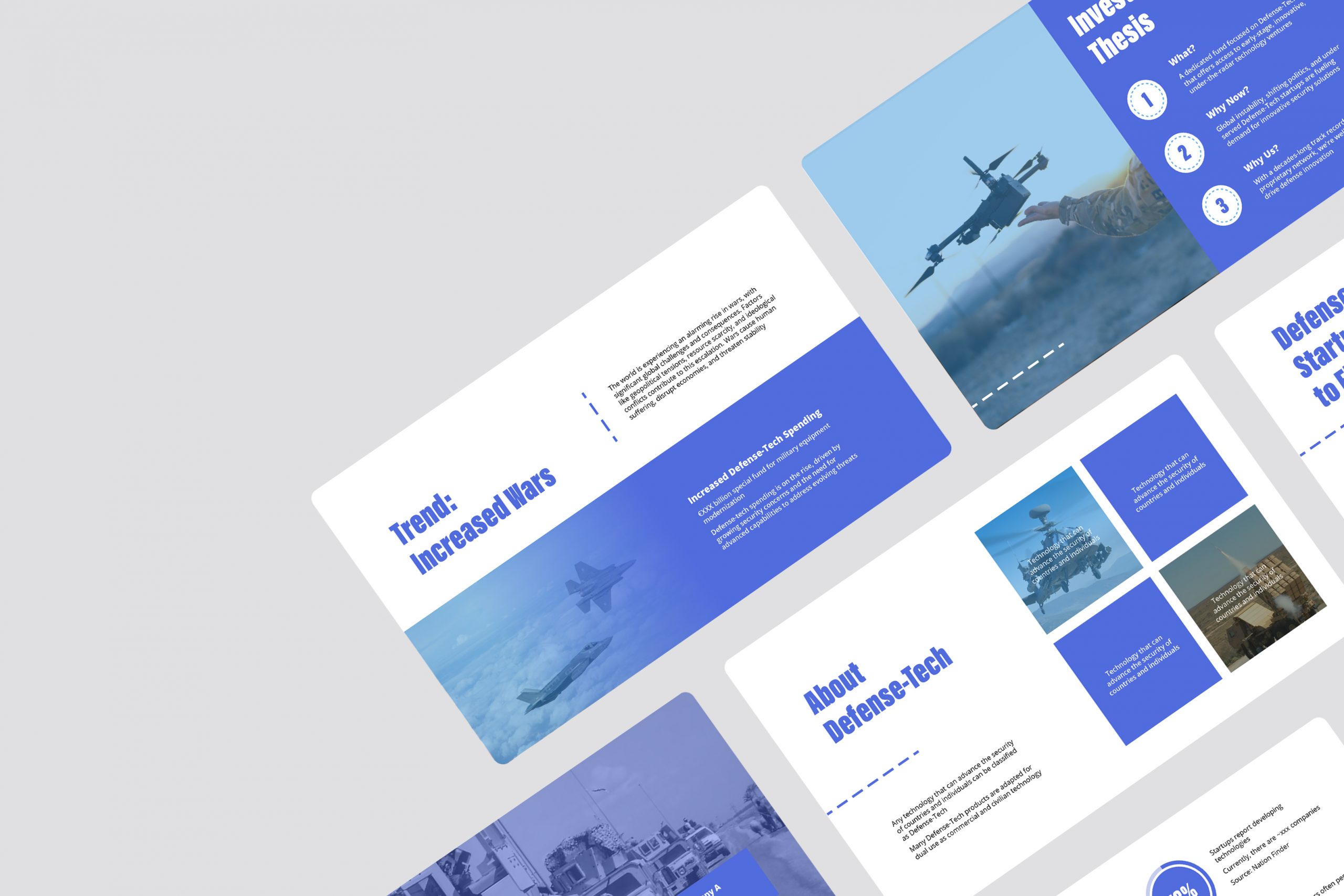 Investor deck design for a defense technology company showing trend data investment thesis and product imagery slides