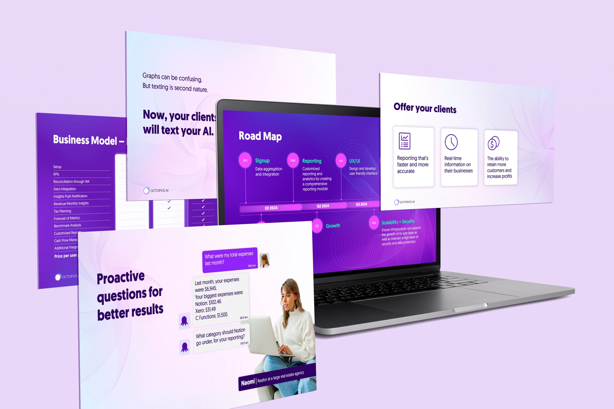 Marketing deck design for an AI accounting platform showing a road map slide client benefits and a chat interface mockup