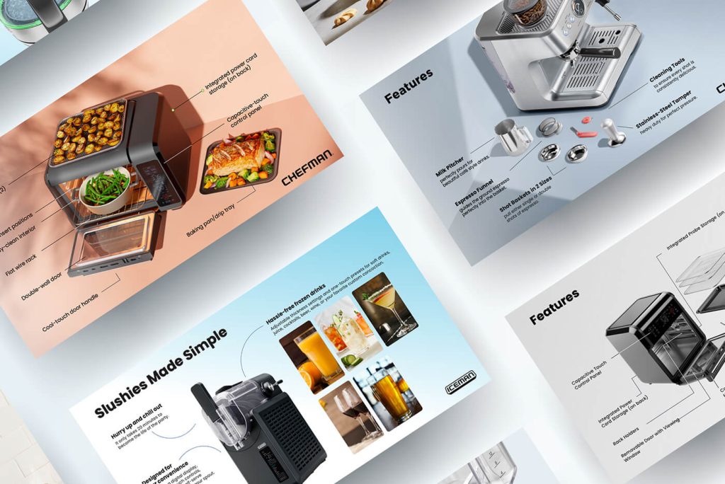 Chefman product feature deck showing kitchen appliance slides with labeled parts, product features, and lifestyle imagery for air fryer, espresso machine, and slushie maker