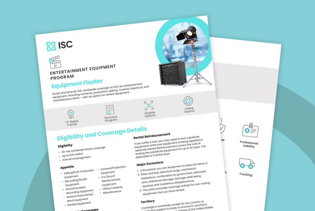 ISC insurance program one-pager for entertainment equipment coverage, showing icon-based feature highlights, eligibility details, and rental reimbursement information on a teal-branded layout